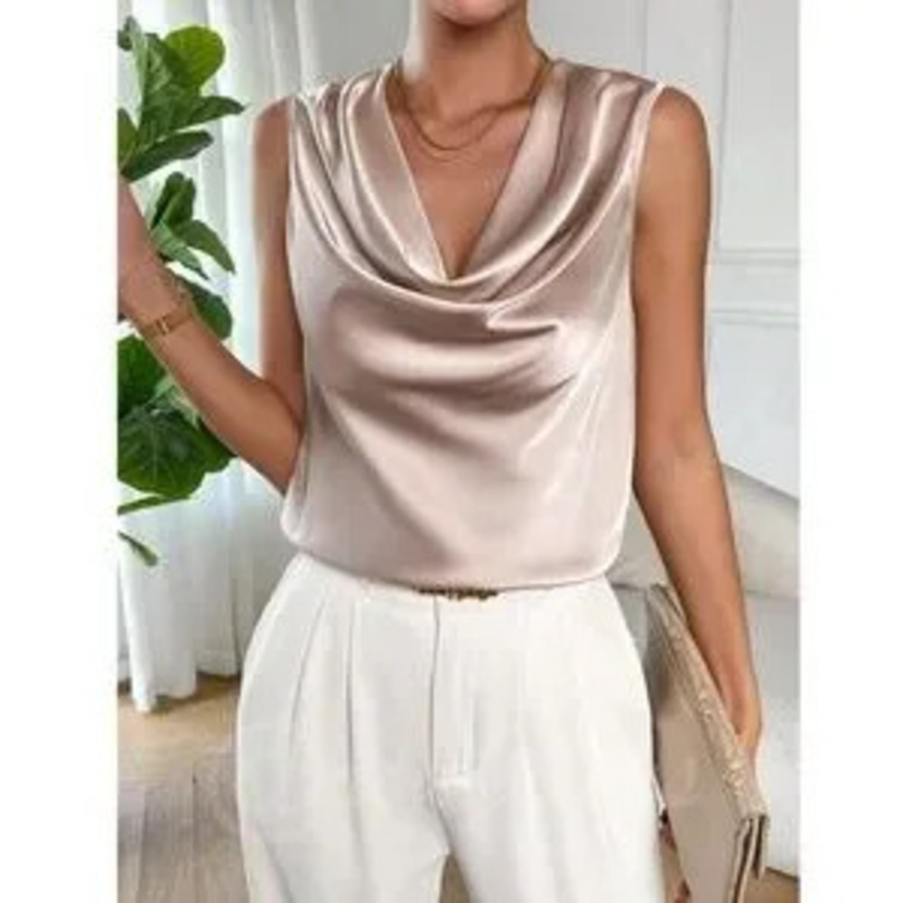 Satin Draped Cowl Neck Sleeveless Blouse Cream Beige - Picture 2 of 5